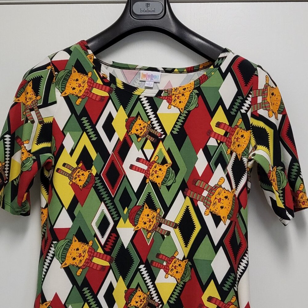 LuLaRoe Womens Top Large Holiday Christmas Cat Print Short Sleeve Stretch - Picture 2 of 11